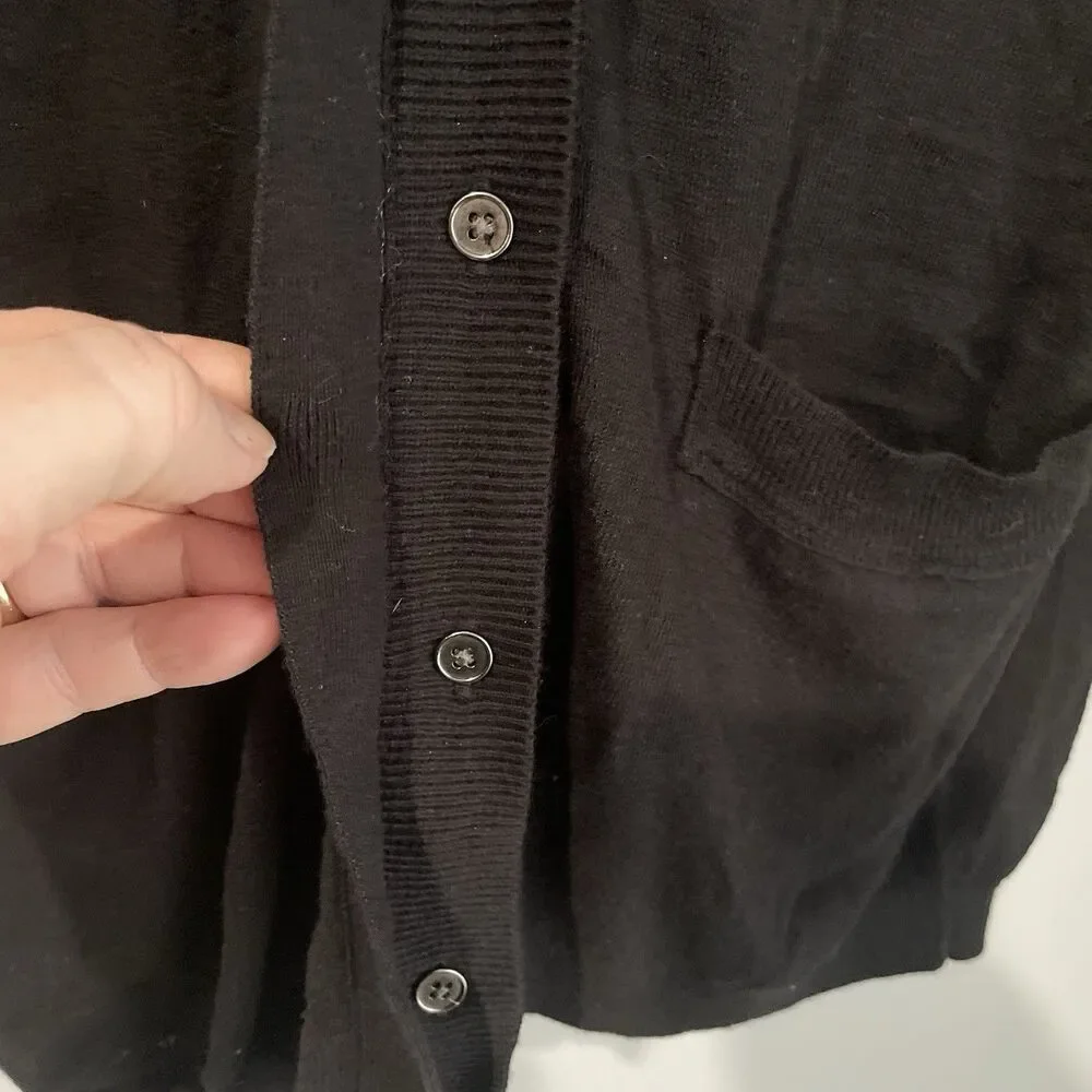 LOFT Faux Fur Collar Wool Blend Black Cardigan Size M Pockets Lightweight Button
